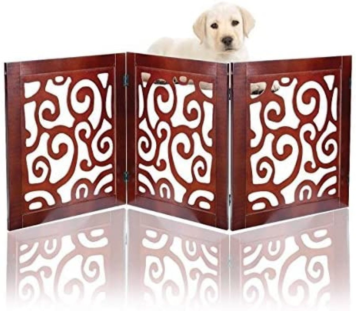Safety Pet Gate for Dogs  Free-Standing & Foldable - Decorative Scroll Wooden Fence Barrier  Stairs & Doorways (Mahogany)