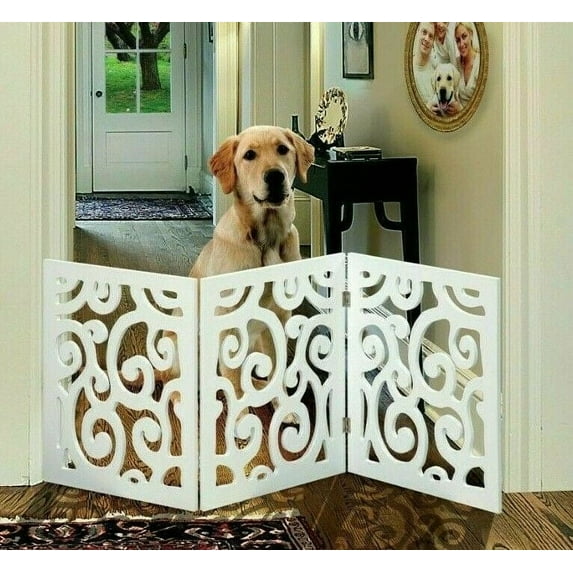 Safety Pet Gate for Dogs Free-Standing & Foldable - Decorative Scroll Wooden Fence Barrier Stairs & Doorways (White)