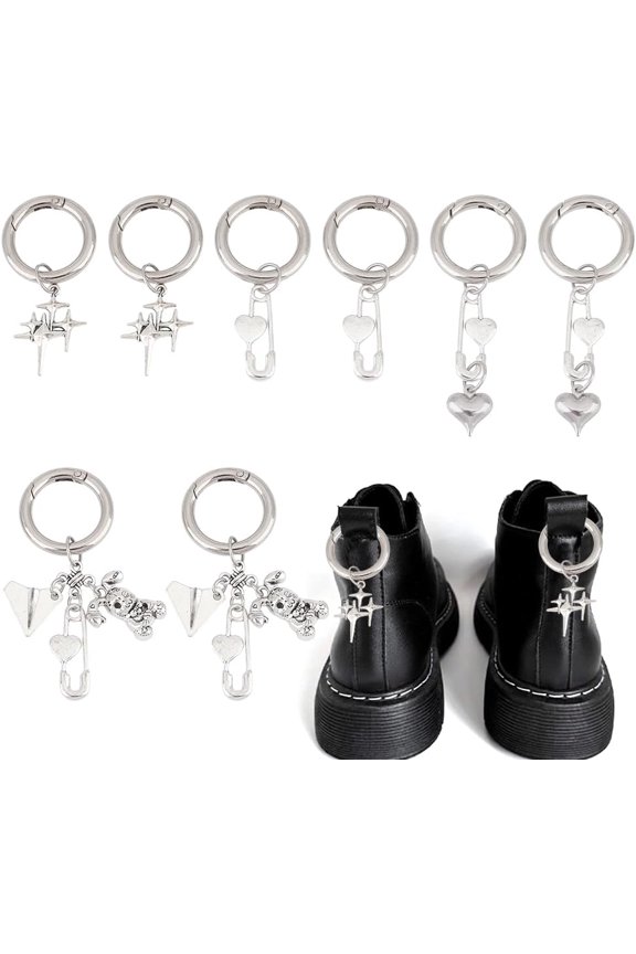 Safety Pin Alloy Shoes Charms with Alloy Spring Gate Rings Antique Silver & Platinum 60~80mm 8pcs/set