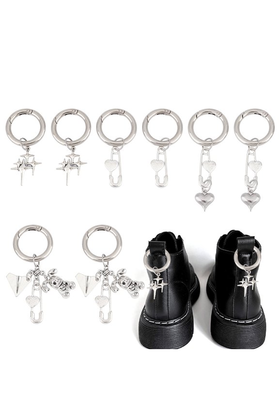 Safety Pin Alloy Shoes Charms with Alloy Spring Gate Rings Silver Platinum 60-80mm 8pcs/set