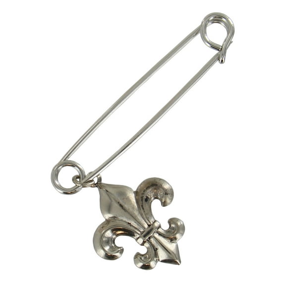 Safety Pin Brooch 2" Silver Tone Fleur De Lis Charm Dangle End Ladies Adult Female Women