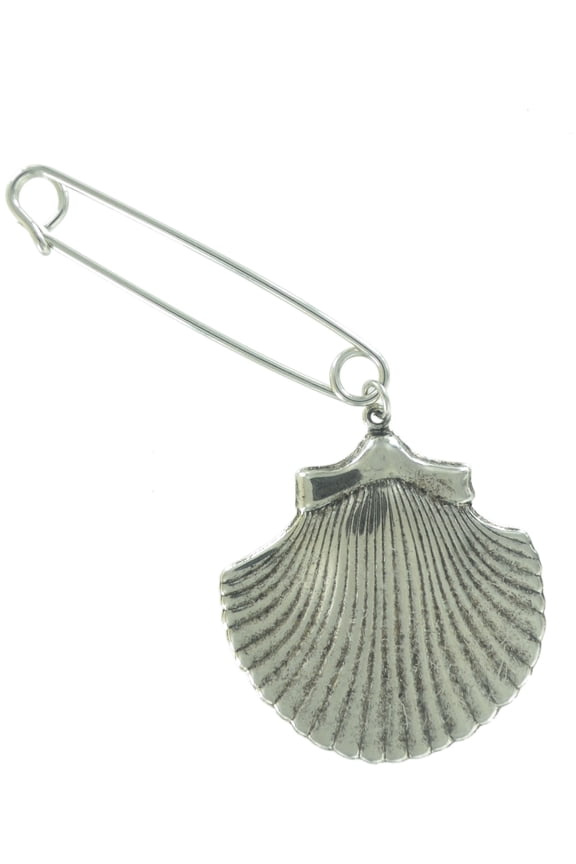 Safety Pin Brooch 2" Silver Tone Large Cockle Sea Shell Nautical Beach Charm Dangle End Ladies Adult Female Women