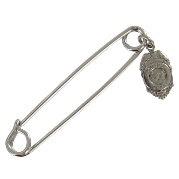 Safety Pin Brooch 2" Silver Tone Police Shield Badge Charm Dangle End Ladies Adult Female Women