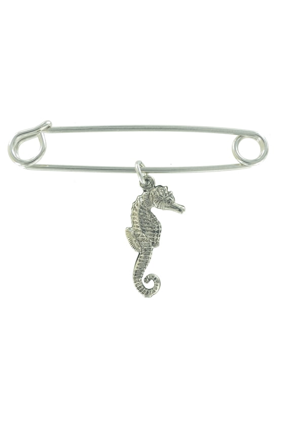 Safety Pin Brooch 2" Silver Tone Small Seahorse Sea Ocean Beach Charm Dangle Middle