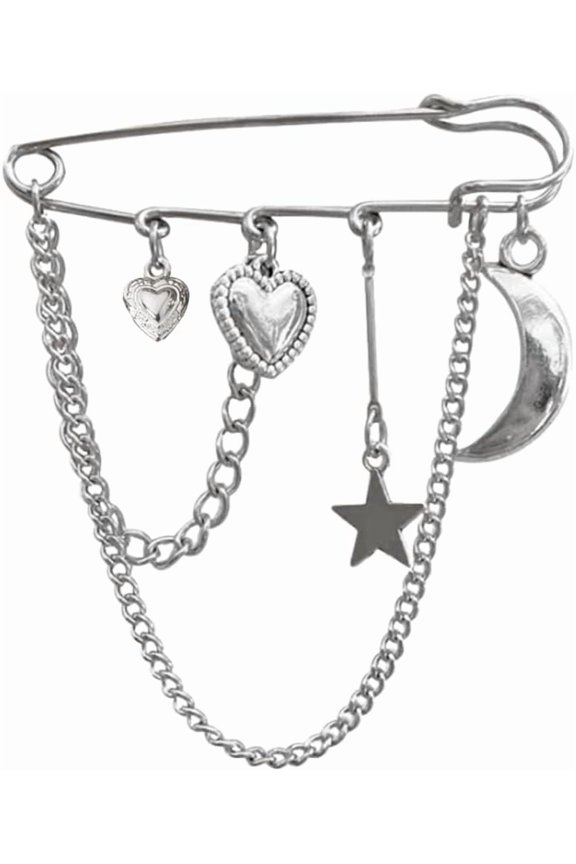 Safety Pin Brooch with Hanging Chains Charms Decorative Punk Goth Collar Brooches Pin for Sweater Dress Skirt Tie Pins Emo Pins