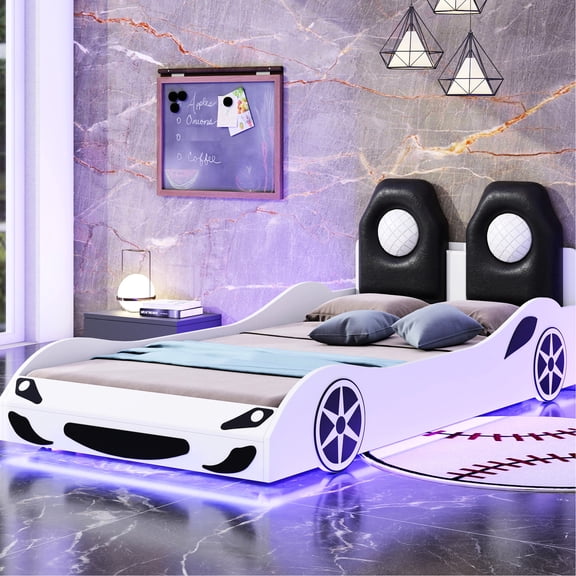 Safety Rails Included | Wood Twin Race Car Bed with LED and Upholstered Backrest | Comfortable and Secure Sleep Space