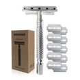 thumbnail image 1 of Safety Razor for Men and Women, Reusable Metal Razors, with 10 Platinum Safety Razor Blades, Face Razors for Men Shaving, Sustainable Hair removal and shaving cleaning tools, Metallic Silver, 1 of 8