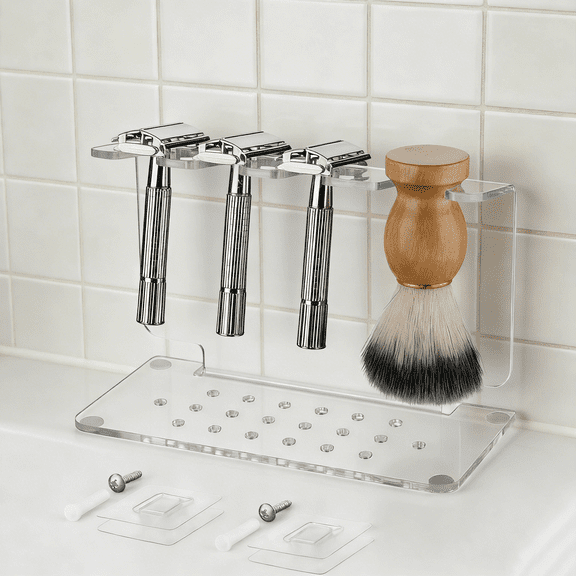 Safety Razor Stand, Clear Acrylic Razor Holder and Shaving Brush Stand, Compatible with Most Razors and Brushes, Holds 3 Razors and 1 Brush