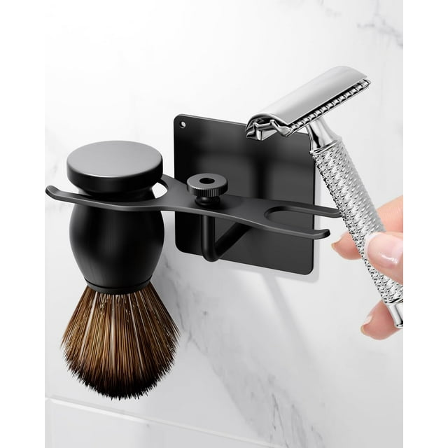 Safety Razor Stand With Brush Holder, Selfadhesive Black Heavy Duty Metal Shaving Holder for