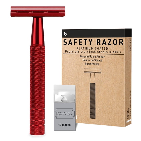 Safety Razor for Women and Men, Single Blade Razors, Reusable Metal Womens Razors for Shaving, with 10 Stainless Steel Double Edge Blades, Smooth and Close Shave, Plastic Free, Red