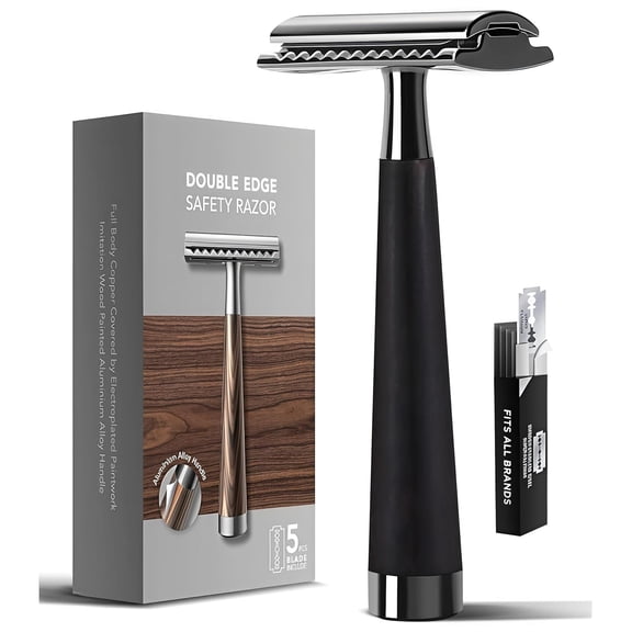 Safety Razor with 5 Reusable Blades Washable Double Edge Shaver Aluminum Alloy Handle Safety Shaving Razors Smooth Shave for Face, Leg, Body (Matte)