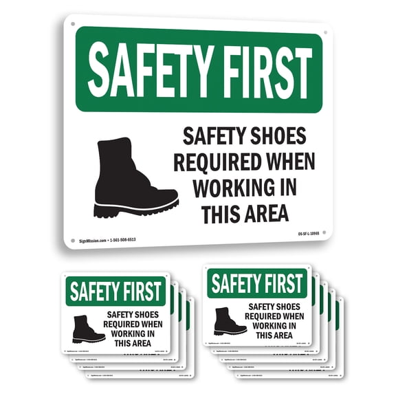Safety Shoes Required When Working With Symbol OSHA SAFETY FIRST Aluminum Sign 10 Inch x 7 Inch - 10 Pack