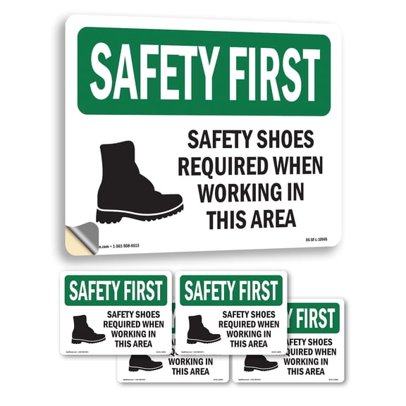 Safety Shoes Required When Working With Symbol OSHA SAFETY FIRST Vinyl Decal Label 5 Inch x 3.5 Inch - 5 Pack