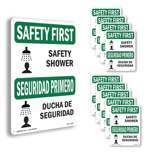 Safety Shower With Symbol Bilingual OSHA SAFETY FIRST Aluminum Sign 10 Inch x 7 Inch - 10 Pack