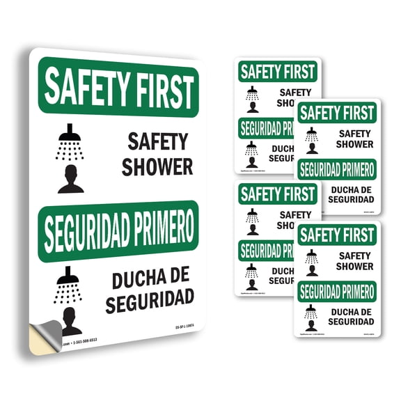 Safety Shower With Symbol Bilingual OSHA SAFETY FIRST Vinyl Decal Label 5 Inch x 3.5 Inch - 5 Pack