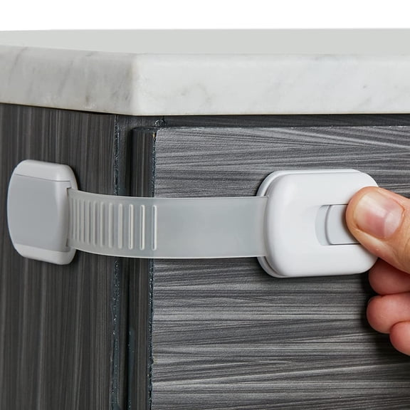 Safety Strap Locks (4 Pack) Locks for Cabinets and Drawers, Toilet, Fridge & More. 3M Adhesive Pads. Easy Installation, No Drilling Required, White/Gray