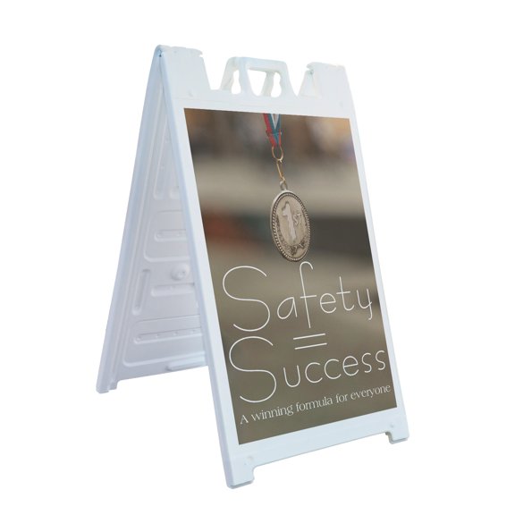 Safety Success Winning Form 24" x 36" Double Sided A-Frame Sidewalk Sign Includes 2 Installed Decals Foldable Portable White Signicade Professional Workplace Signage Clear Messaging
