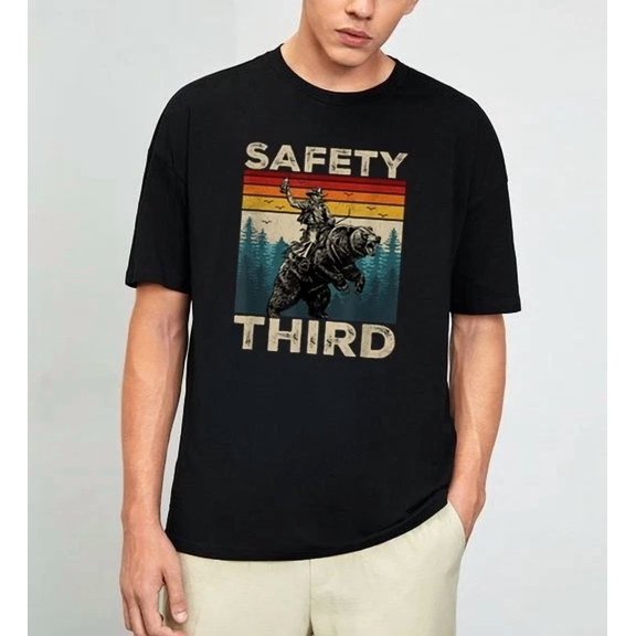 Safety Third Funny Cowboy Riding Bear Retro Sarcastic Safety T-Shirt Size S-4XL