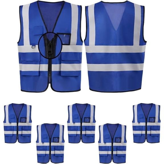 Safety Vest 5 Pack, Blue Hi-Vis Zipper Front Reflective Vest for Men & Women, 5 Pockets vest with ID Holder for Security Supervisor, Engineer, Utility Inspector, Site Manager, Facility Safety Officer