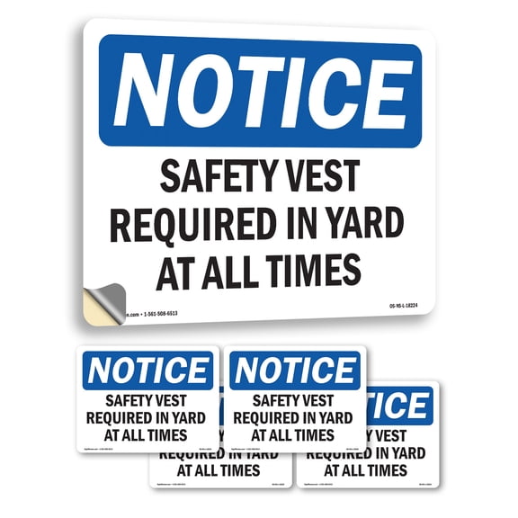 Safety Vest Required In Yard At All Times OSHA Notice Vinyl Decal Label 5 Inch x 3.5 Inch - 5 Pack