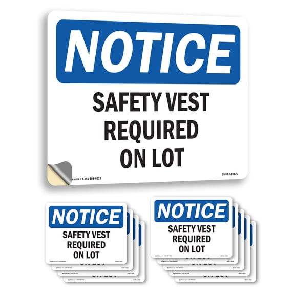 Safety Vest Required On Lot OSHA Notice Vinyl Decal Label 5 Inch x 3.5 Inch - 10 Pack