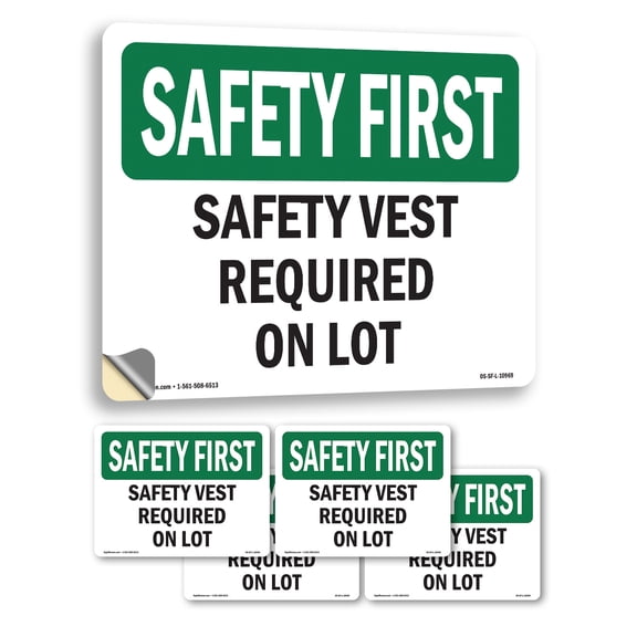 Safety Vest Required On Lot OSHA SAFETY FIRST Vinyl Decal Label 7 Inch x 5 Inch - 5 Pack