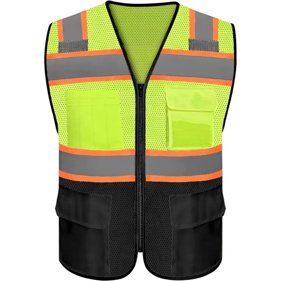 Safety Vest with 9 Pockets & Zipper Reflective High Visibility Vest Class 5 Outdoor Workwear Meets ANSI/ISEA