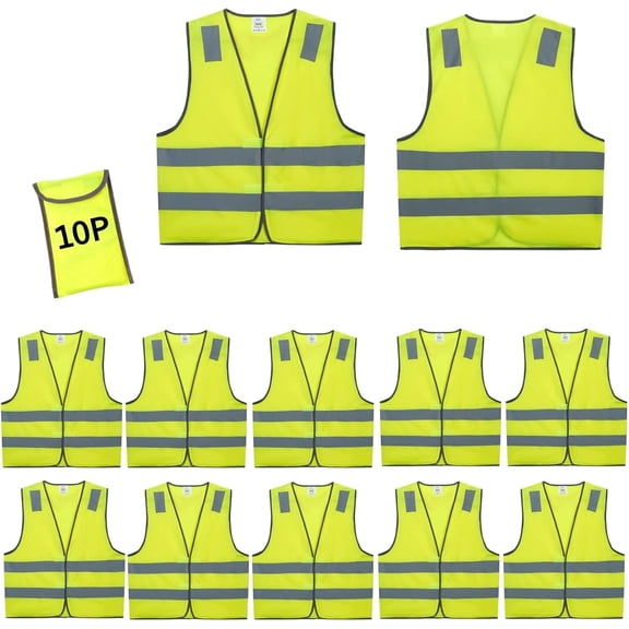 Safety Vests 10 Pack - Yellow Reflective High Visibility Construction ANSI Class 2 Work Vest for Men,Woman,Hi Vis Mesh and Neon Silver Strip