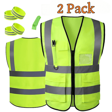 2 Pack Safety Vests,Working Safety Vest with Reflective Strips for Men,Woman,Green Reflective High Visibility Vest Gear with Whistle and Neon Silver Strip,Green
