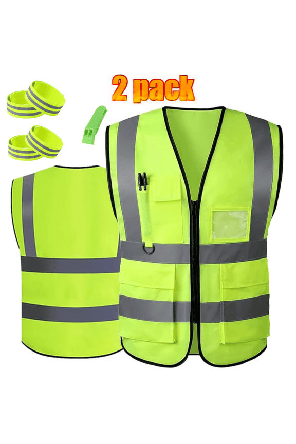 2-Pack Reflective Safety Vest for Men and Women, High Visibility Vest with Pockets, Breathable Mesh, Construction Vest with Whistle and Neon Silver Strip, Green, 4XL