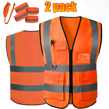 2 Pack Safety Vests,Working Safety Vest with Reflective Strips for Men,Woman,Green Reflective High Visibility Vest Running Gear with Whistle and Neon Silver Strip(Orange)