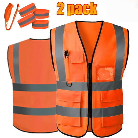 2-Pack High Visibility Vest, Safety Vest for Men and Women, Construction Vest with Pockets, Breathable Mesh, Work Vest with Whistle and Neon Silver Stripes, Orange, 4XL