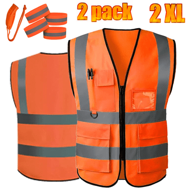 2 Pack Safety Vests,Working Safety Vest with Reflective Strips for Men,Woman,Green Reflective High Visibility Vest Running Gear with Whistle and Neon Silver Strip（Orange）