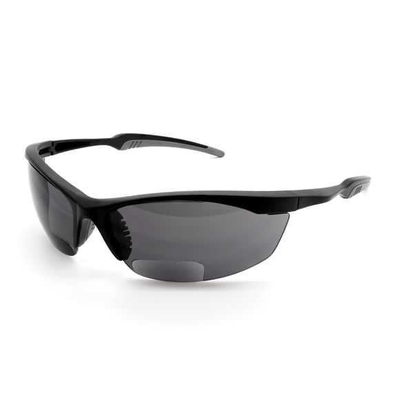Safety Vu Bifocal Polarized Safety Glasses Black Frame with Gray Lens Tint +2.50 Magnifier.