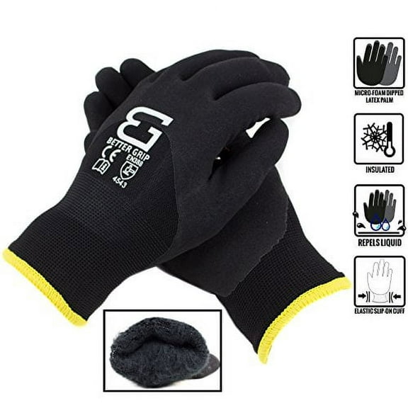 Safety Winter Insulated Double Lining Rubber 3/4Coated Work Gloves, 3 pairs/ pack, BGWANS3/4-BK-Large