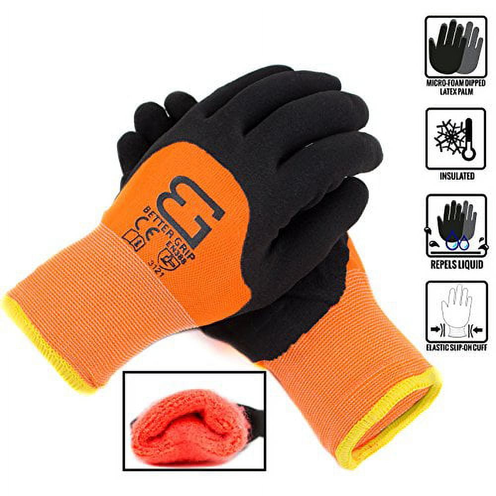 Safety Winter Insulated Double Lining Rubber 3/4Coated Work Gloves, 3 pairs/ pack, BGWANS3/4-OR-Extra Large