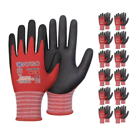Safety Work Gloves MicroFoam Nitrile Coated-12 Pairs,KAYGO KG18NB,Seamless Knit Nylon Glove with Black Micro-Foam Nitrile Grip,Ideal for General Purpose,Automotive,Home Improvement, Red