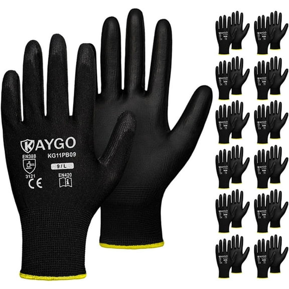Safety Work Gloves PU Coated,12 Pairs Seamless Knit Glove for Men and Women, with Smooth Grip on Palm and Fingers, Ideal for General Duty Work (Large, Black)