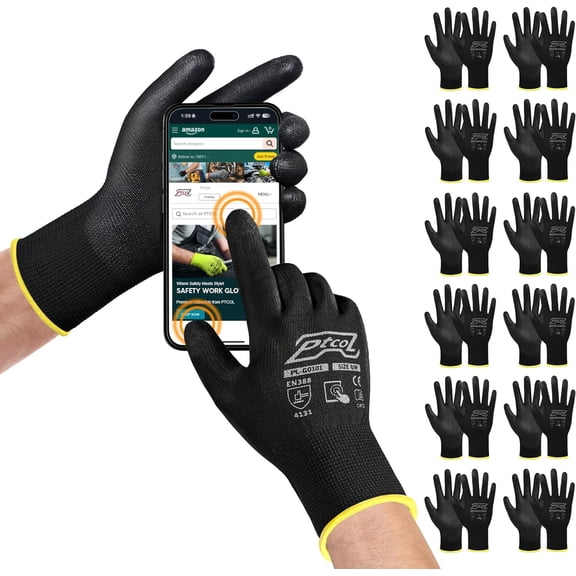 Safety Work Gloves PU Coated for Men and Women-12 Pairs,Black Seamless Knit Glove with Three Fingers Touchscreen,Ideal for General Duty Work (Large)