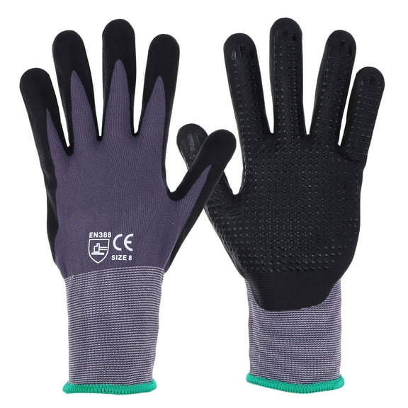 Safety Work Gloves Seamless Knit Nylon with Dots on Palm Micro-Foam Nitrile Coated Grip, Gray, M, 6 Pairs