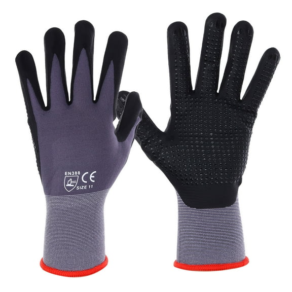 Safety Work Gloves Seamless Knit Nylon with Dots on Palm Micro-Foam Nitrile Coated Grip, Gray, XL, 12 Pairs