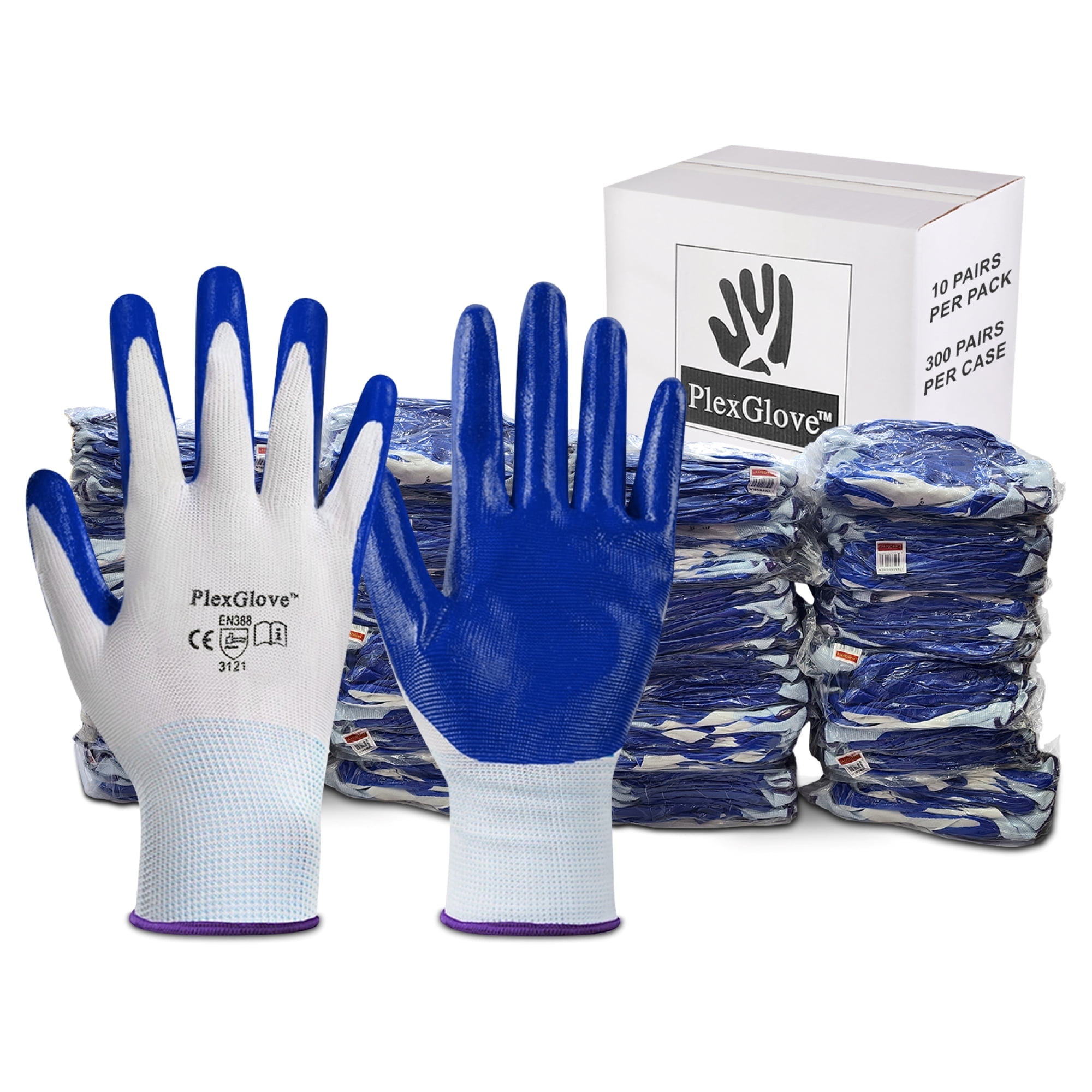 White Nylon Work Gloves with Blue Coated Palm, 10 Pairs Per Pack, 300 Pairs Per Case White Nylon Work Gloves with Blue Coated Palm, 10 Pairs Per Pack, 300 Pairs Per Case