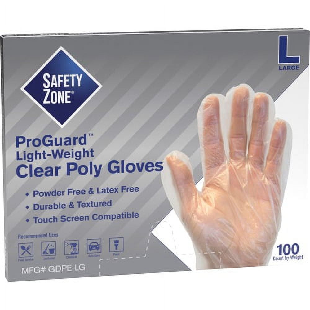 Safety Zone Clear Powder Free Polyethylene Gloves - Large Size - Clear - Die Cut, Heat Sealed Edge, Embossed Grip, Latex-free, Silicone-free, Recyclable - For Food - 100 / Pack - 11.75 Safety Zone Clear Powder Free Polyethylene Gloves - Large Size - Clear - Die Cut, Heat Sealed Edge, Embossed Grip, Latex-free, Silicone-free, Recyclable - For Food - 100 / Pack - 11.75