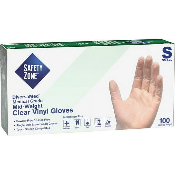 Safety Zone Powder Free Clear Vinyl Gloves - Small Size - Unisex - Clear - Latex-free, Comfortable, Allergen-free, Silicone-free, DINP-free, DEHP-free - For General Purpose, Cleaning, Food, Janitorial Use, Cosmetics, Painting, Pet Care - 9.25