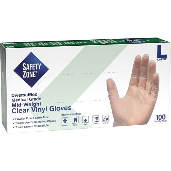 Safety Zone SZNGVEPLG1C Powder Free Clear Vinyl Gloves, Large - Pack of 100