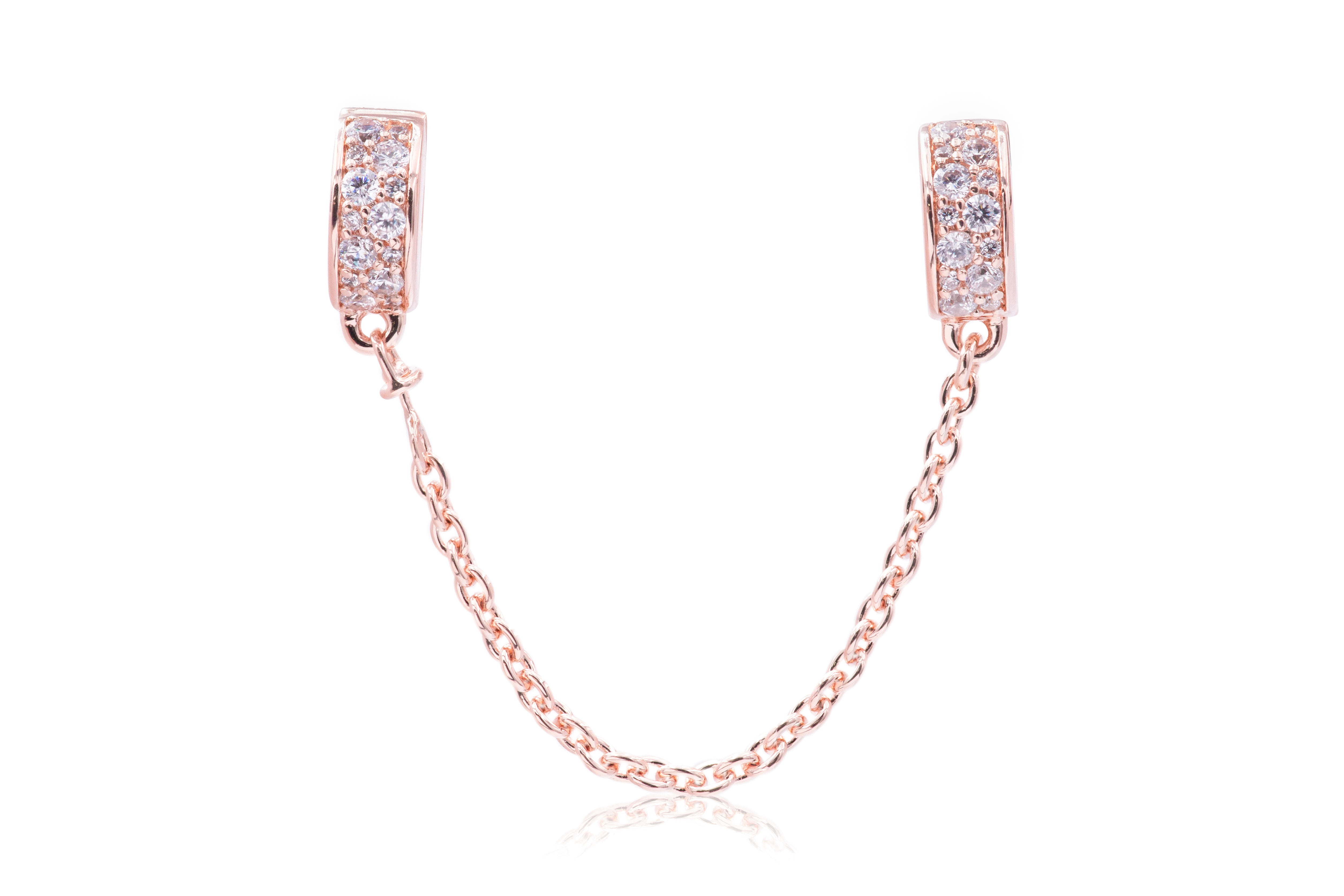 Safety chain in Rose w/56 bead-set clear CZ and silicone grip Charm 50 mm 786322CZ-05