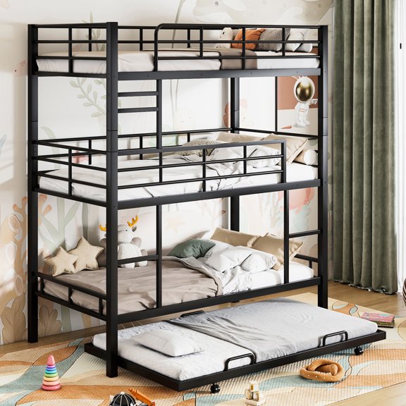 Safety - focused Guardrails, Trundle Feature - Black Triple Bunk for Home
