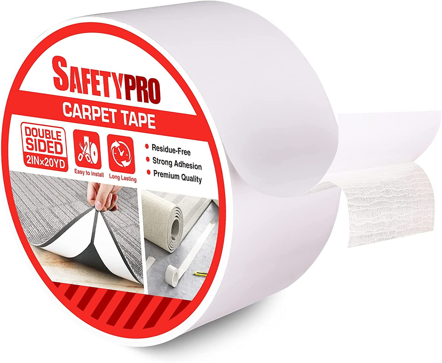 SafetyPro Double Sided Carpet Tape, Rug Tape Grippers for Area Rugs, Pad  and Hardwood Floors, Heavy Duty Stickers Grip Tape with Strong Adhesive,  Removable & Residue-Free, 2Inch X 20 Yards 