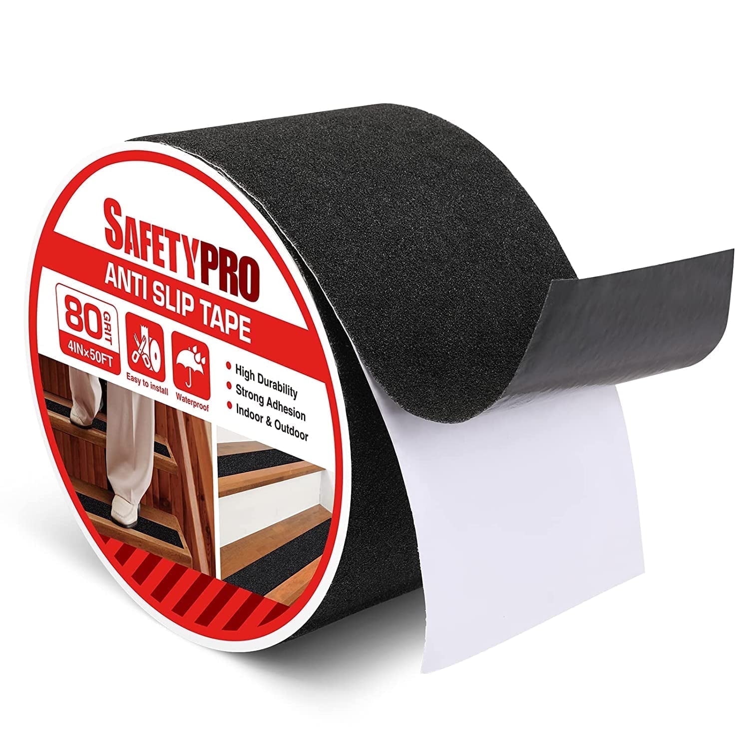SafetyPro Heavy Duty Anti Slip Tape, 4in x 50ft, Outdoor Skid Resistant, for Stairs, Ramps, Skateboards, Black
