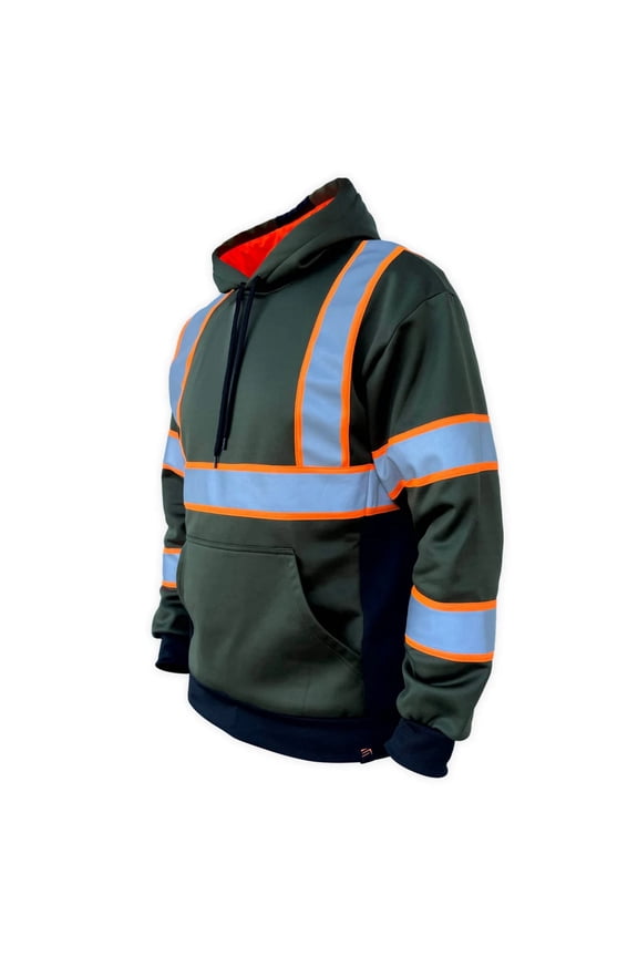 SS360º Basic Hi Vis Hoodie for Men - Heavy-Duty Polyester with Soft Combed Fleece Interior - Enhanced Visibility and Reflective Hoodie, Military Green/Neon Orange - Medium